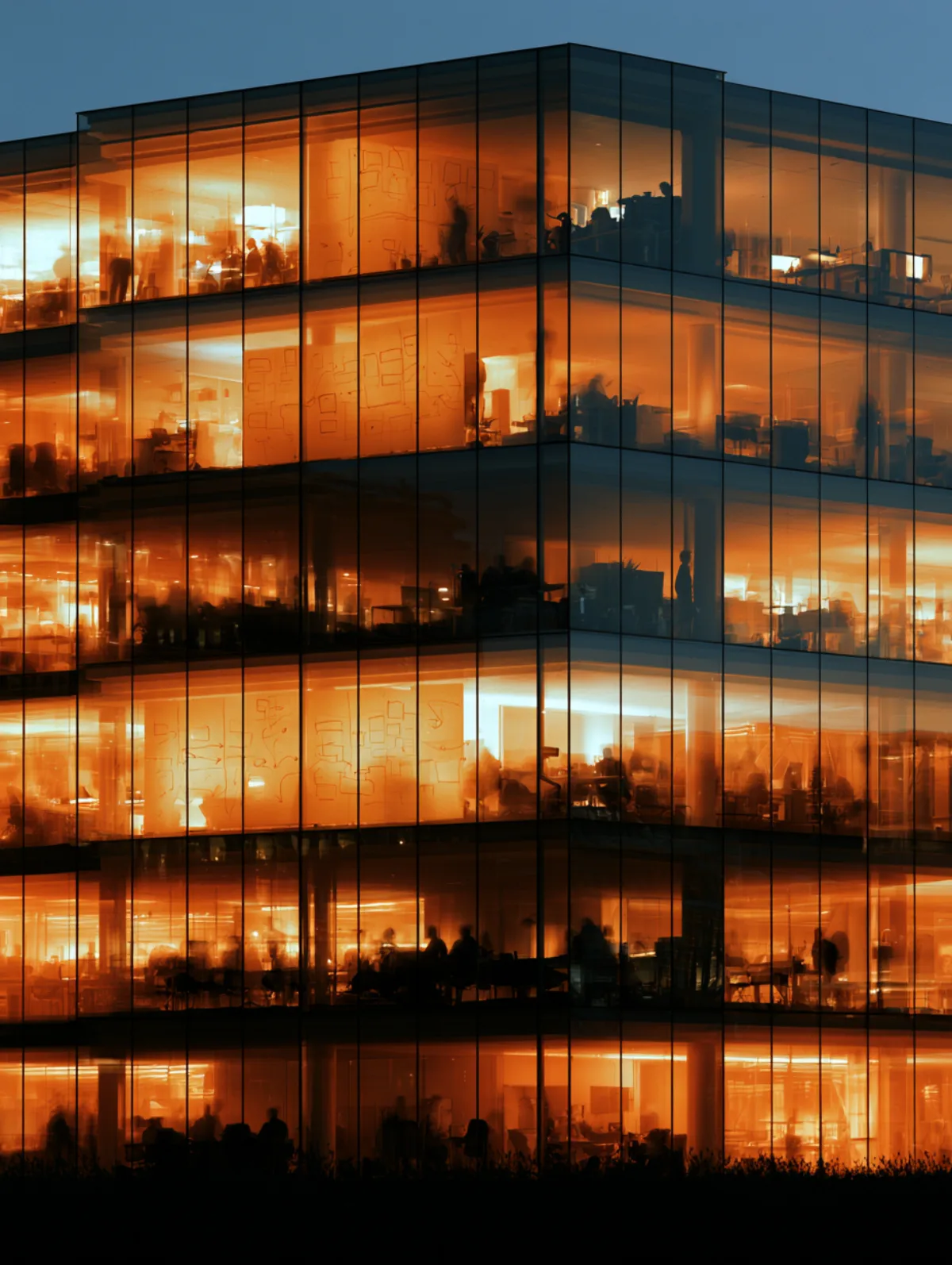 An office building at dusk, floors still lit, whiteboard diagrams visible through the glass