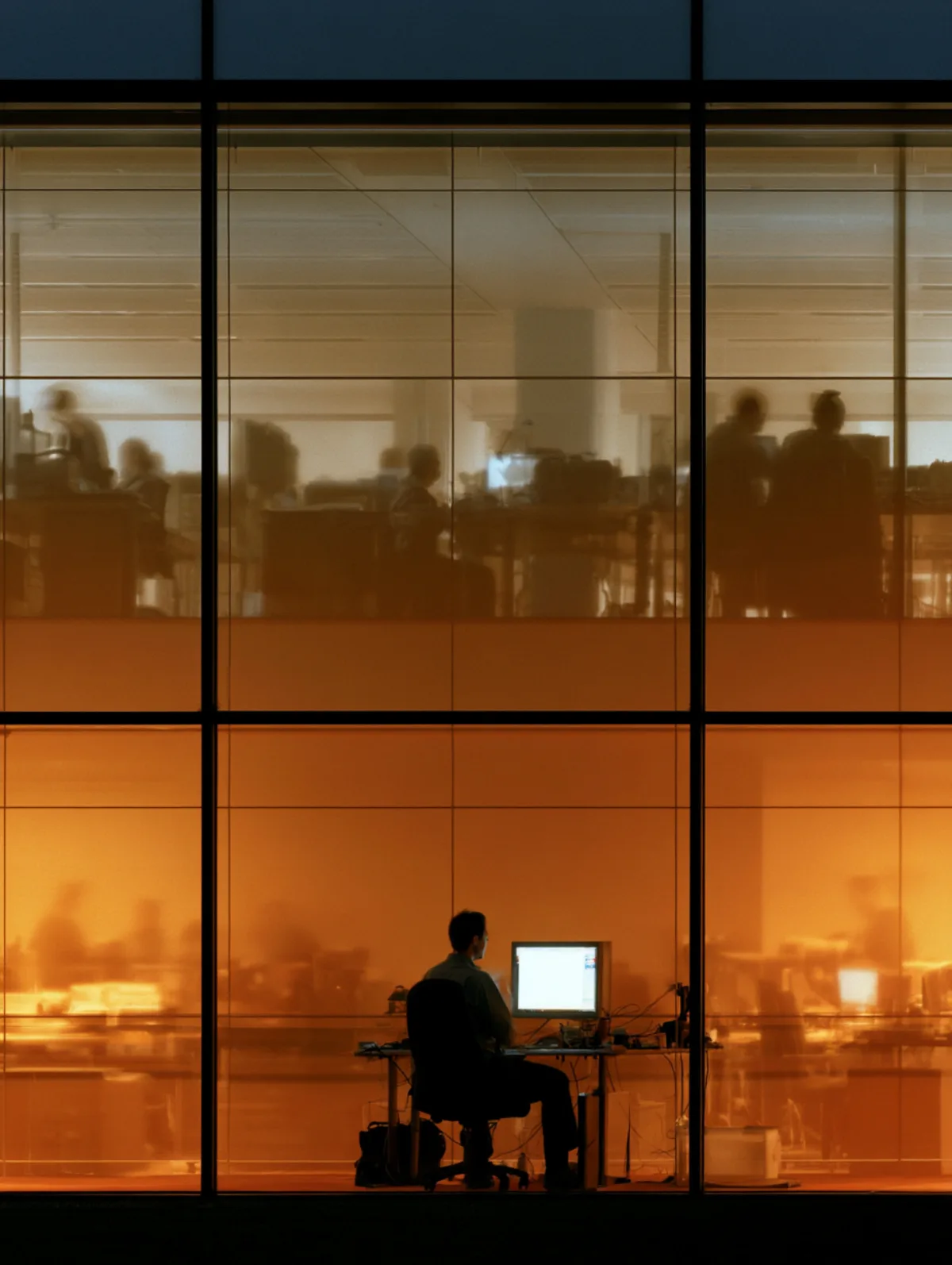 A developer working alone at a lit desk in an office after hours